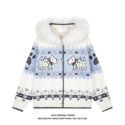 億萬少年BUFU原創美式復古毛領提花連帽針織開衫弗爾島小狗毛衣女