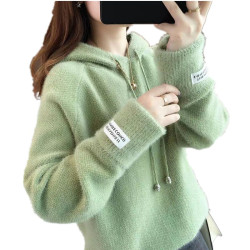 2024秋冬新款毛衣女仿水貂絨韓版加絨加厚寬鬆慵懶風外穿連帽衛衣