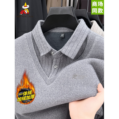 稻草人假兩件針織衫男士冬季加絨加厚襯衫領毛衣男高級打底上衣潮