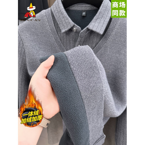 稻草人假兩件針織衫男士冬季加絨加厚襯衫領毛衣男高級打底上衣潮