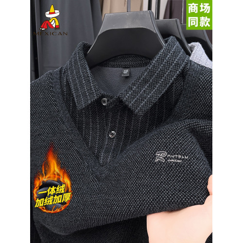 稻草人假兩件針織衫男士冬季加絨加厚襯衫領毛衣男高級打底上衣潮