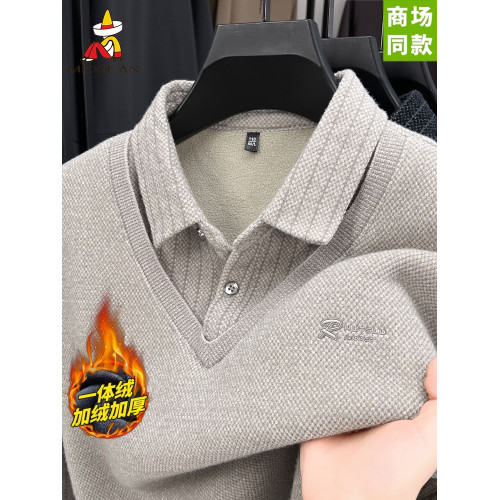 稻草人假兩件針織衫男士冬季加絨加厚襯衫領毛衣男高級打底上衣潮