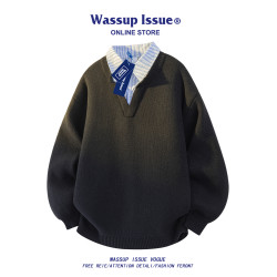 WASSUP ISSUE美式假兩件針織衫男款秋冬季寬松休閒情侶毛衣外套男