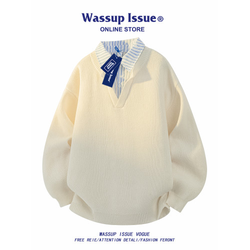 WASSUP ISSUE美式假兩件針織衫男款秋冬季寬松休閒情侶毛衣外套男