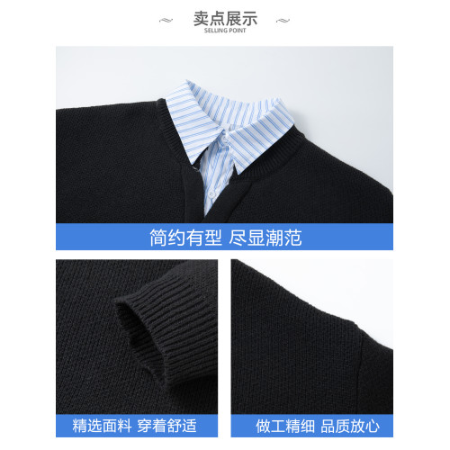 WASSUP ISSUE美式假兩件針織衫男款秋冬季寬松休閒情侶毛衣外套男