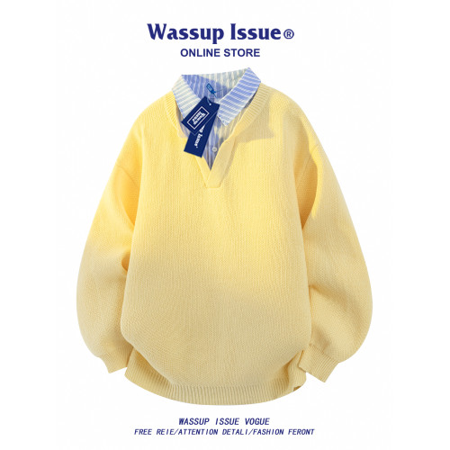 WASSUP ISSUE美式假兩件針織衫男款秋冬季寬松休閒情侶毛衣外套男