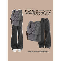 韓系冬季穿搭灰色套頭毛衣女巨好看的冬裝慵嬾高級感復古針織衣服