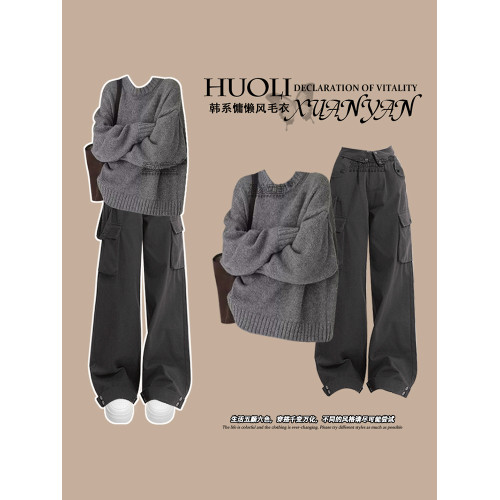 韓系冬季穿搭灰色套頭毛衣女巨好看的冬裝慵嬾高級感復古針織衣服