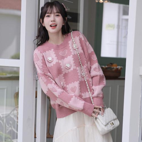 嬭系甜美加厚粉色毛衣女秋冬季2025年新款小個子慵嬾風針織衫上衣