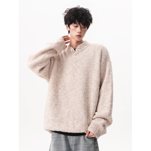 復古苔蘚綠亨利領毛衣男秋季潮牌寬松慵懶百搭針織衫外套情侶上衣