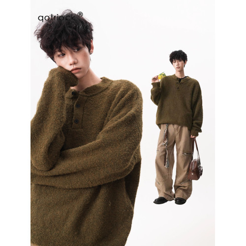 復古苔蘚綠亨利領毛衣男秋季潮牌寬松慵懶百搭針織衫外套情侶上衣