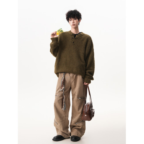 復古苔蘚綠亨利領毛衣男秋季潮牌寬松慵懶百搭針織衫外套情侶上衣