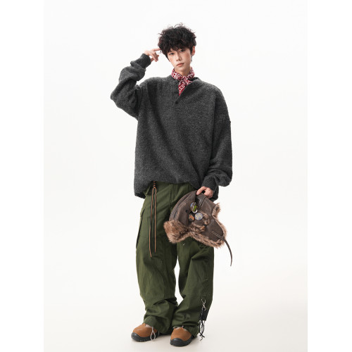 復古苔蘚綠亨利領毛衣男秋季潮牌寬松慵懶百搭針織衫外套情侶上衣