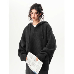 美式重磅慵嬾風連帽針織衫女秋冬新款寬鬆休閒百搭情侶毛衣外套潮