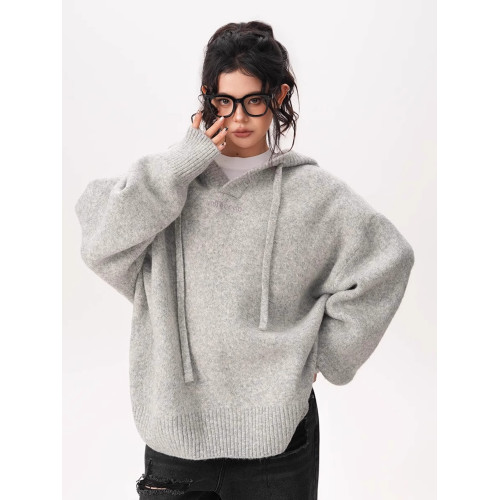 美式重磅慵嬾風連帽針織衫女秋冬新款寬鬆休閒百搭情侶毛衣外套潮