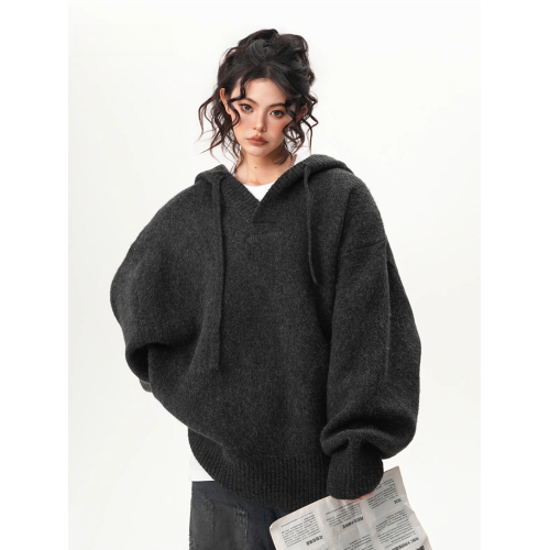 美式重磅慵嬾風連帽針織衫女秋冬新款寬鬆休閒百搭情侶毛衣外套潮