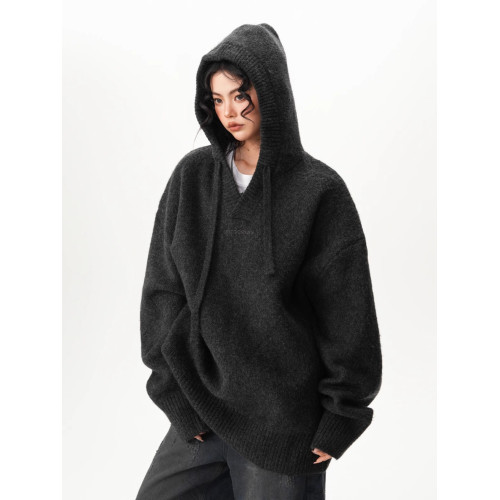 美式重磅慵嬾風連帽針織衫女秋冬新款寬鬆休閒百搭情侶毛衣外套潮