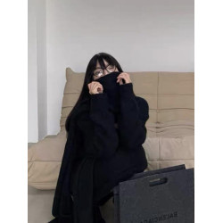 高級感黑色v領馬海毛毛衣女秋冬慵懶風中長款純欲針織衫軟糯上衣