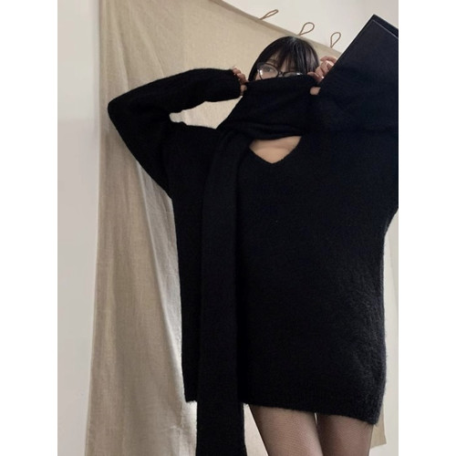 高級感黑色v領馬海毛毛衣女秋冬慵懶風中長款純欲針織衫軟糯上衣