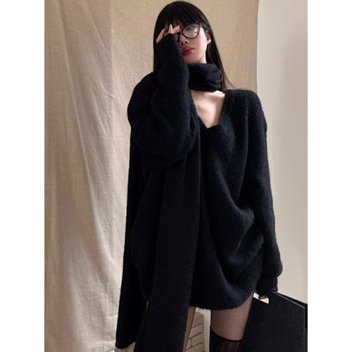 高級感黑色v領馬海毛毛衣女秋冬慵懶風中長款純欲針織衫軟糯上衣