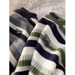 條紋圓領毛衣男冬季設計感小衆日系套頭針織衫寬松潮流打底毛線衣