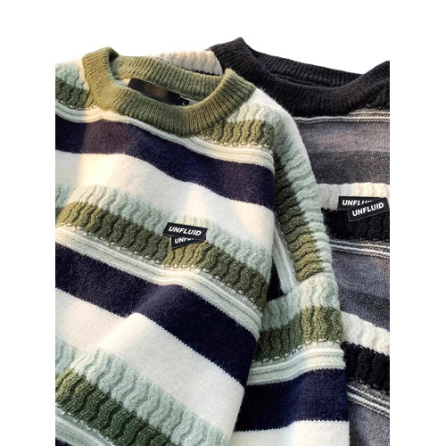 條紋圓領毛衣男冬季設計感小衆日系套頭針織衫寬松潮流打底毛線衣