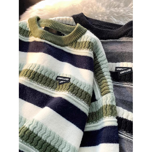 條紋圓領毛衣男冬季設計感小衆日系套頭針織衫寬松潮流打底毛線衣