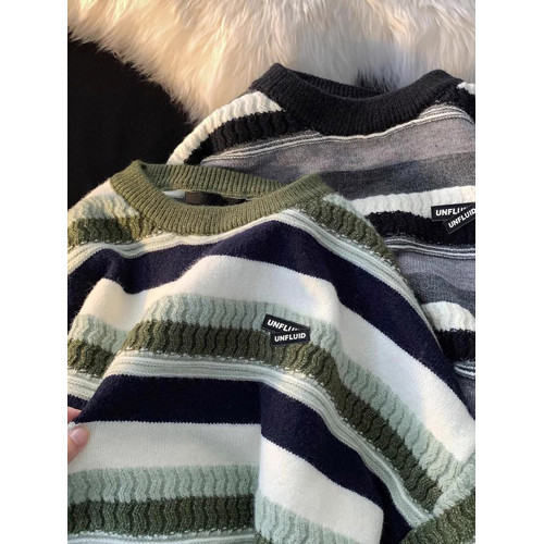 條紋圓領毛衣男冬季設計感小衆日系套頭針織衫寬松潮流打底毛線衣