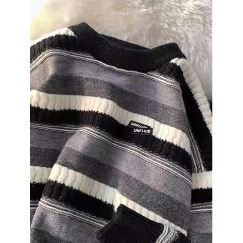 條紋圓領毛衣男冬季設計感小衆日系套頭針織衫寬松潮流打底毛線衣