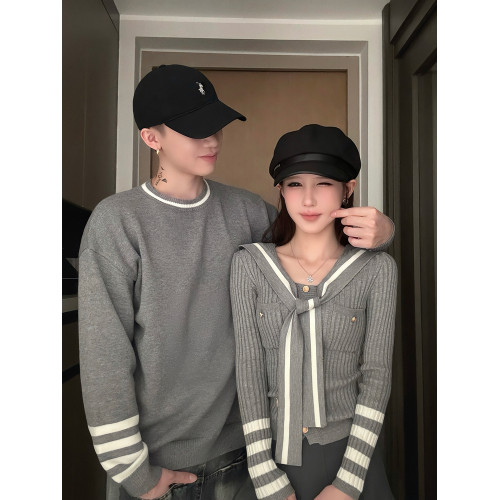 情侶裝海軍領上衣條紋毛衣2025秋季新款學院風針織衫套裝一裙一衣