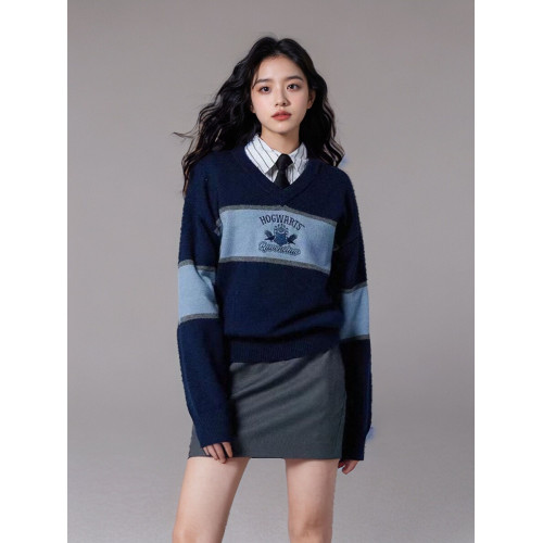 哈利波特聯名款針織衫拼色套頭毛衣2026年冬春季新款v領寬鬆百搭