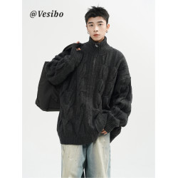 復古麻花開衫毛衣男款冬季美式高街慵懶風情侶針織衫休閒百搭線衣