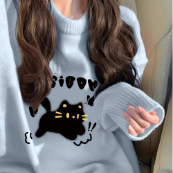 寬鬆加絨加厚毛衣2026秋冬新款超火潮流chic藍色圓領針織上衣女生