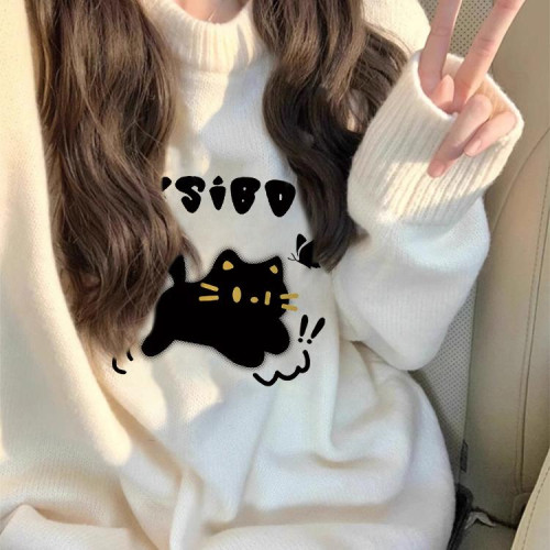 寬鬆加絨加厚毛衣2026秋冬新款超火潮流chic藍色圓領針織上衣女生