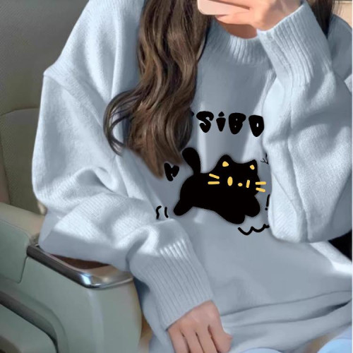 寬鬆加絨加厚毛衣2026秋冬新款超火潮流chic藍色圓領針織上衣女生