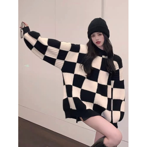 棋盤格燈籠袖粗線針織保暖毛衣女冬季加厚復古中長款外穿別致上衣