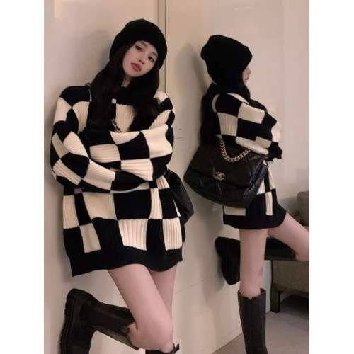 棋盤格燈籠袖粗線針織保暖毛衣女冬季加厚復古中長款外穿別致上衣