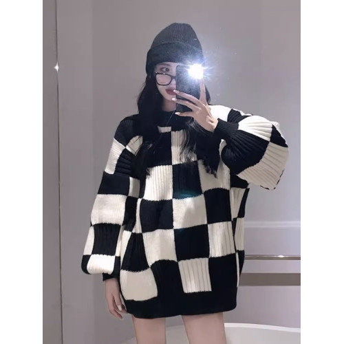 棋盤格燈籠袖粗線針織保暖毛衣女冬季加厚復古中長款外穿別致上衣