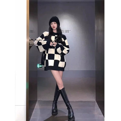 棋盤格燈籠袖粗線針織保暖毛衣女冬季加厚復古中長款外穿別致上衣