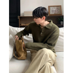 SSUMENAM「老錢風 紋理感 」polo領毛衣男秋冬季寬松翻領針織衫