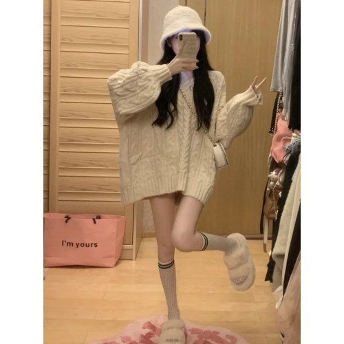 高級感！麻花粗線軟糯套頭毛衣女春裝新款韓版寬鬆V領針織衫上衣