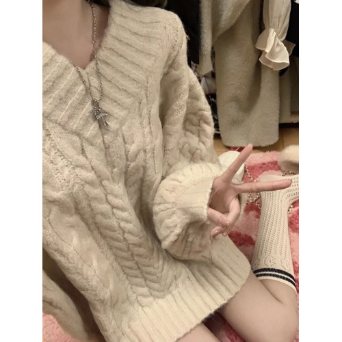 高級感！麻花粗線軟糯套頭毛衣女春裝新款韓版寬鬆V領針織衫上衣