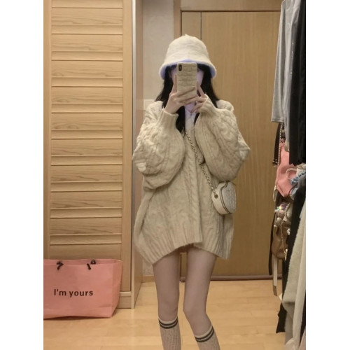 高級感！麻花粗線軟糯套頭毛衣女春裝新款韓版寬鬆V領針織衫上衣