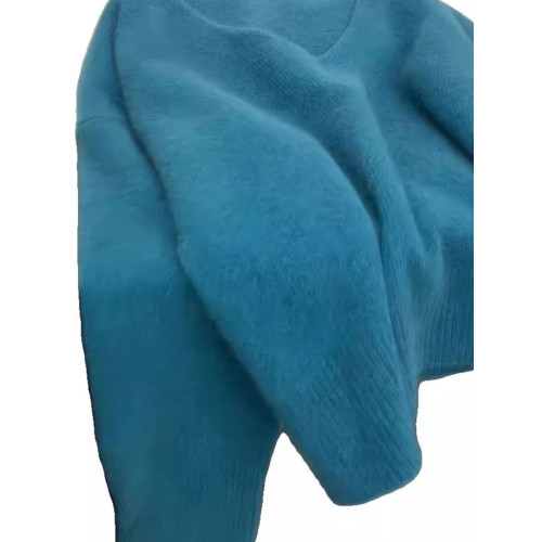 軟糯浣熊絨藍色V領套頭毛衣女秋冬慵嬾風寬鬆顯瘦針織衫內搭上衣