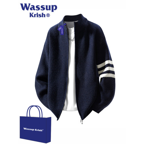 WASSUP KRISH條紋立領慵懶開衫毛衣男秋季休閒寬松輕熟風針織外套 WASSUP KRISH條紋立領慵懶開衫毛衣男秋季休閒寬松輕熟風針織外套