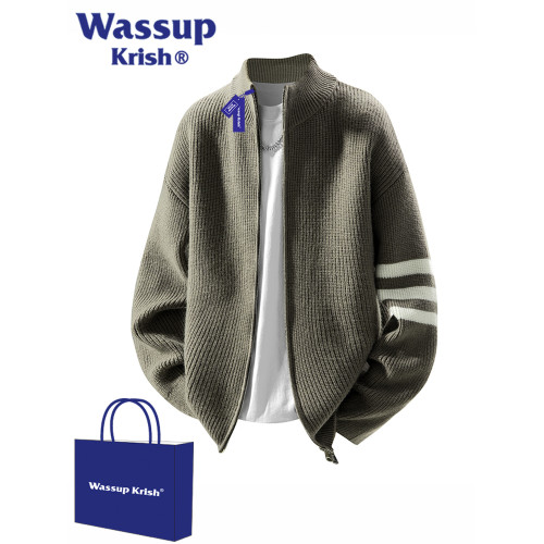 WASSUP KRISH條紋立領慵懶開衫毛衣男秋季休閒寬松輕熟風針織外套 WASSUP KRISH條紋立領慵懶開衫毛衣男秋季休閒寬松輕熟風針織外套