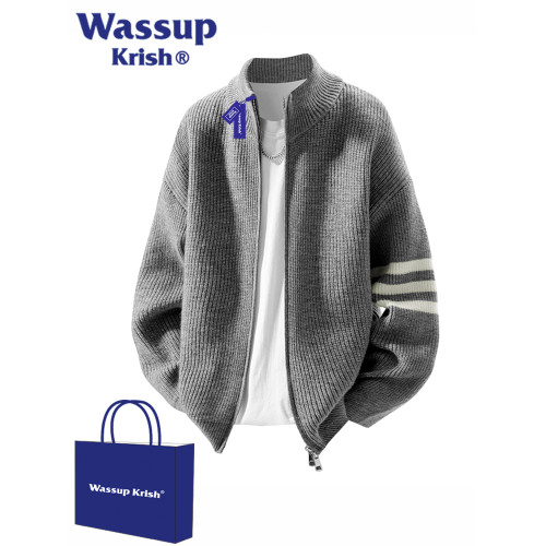 WASSUP KRISH條紋立領慵懶開衫毛衣男秋季休閒寬松輕熟風針織外套 WASSUP KRISH條紋立領慵懶開衫毛衣男秋季休閒寬松輕熟風針織外套