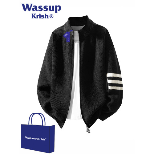 WASSUP KRISH條紋立領慵懶開衫毛衣男秋季休閒寬松輕熟風針織外套 WASSUP KRISH條紋立領慵懶開衫毛衣男秋季休閒寬松輕熟風針織外套