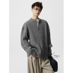 V37重磅肌理感半拉鍊麻花針織衫男冬季美式復古純色休閒套頭毛衣