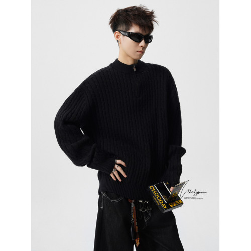 V37重磅肌理感半拉鍊麻花針織衫男冬季美式復古純色休閒套頭毛衣 V37重磅肌理感半拉鍊麻花針織衫男冬季美式復古純色休閒套頭毛衣